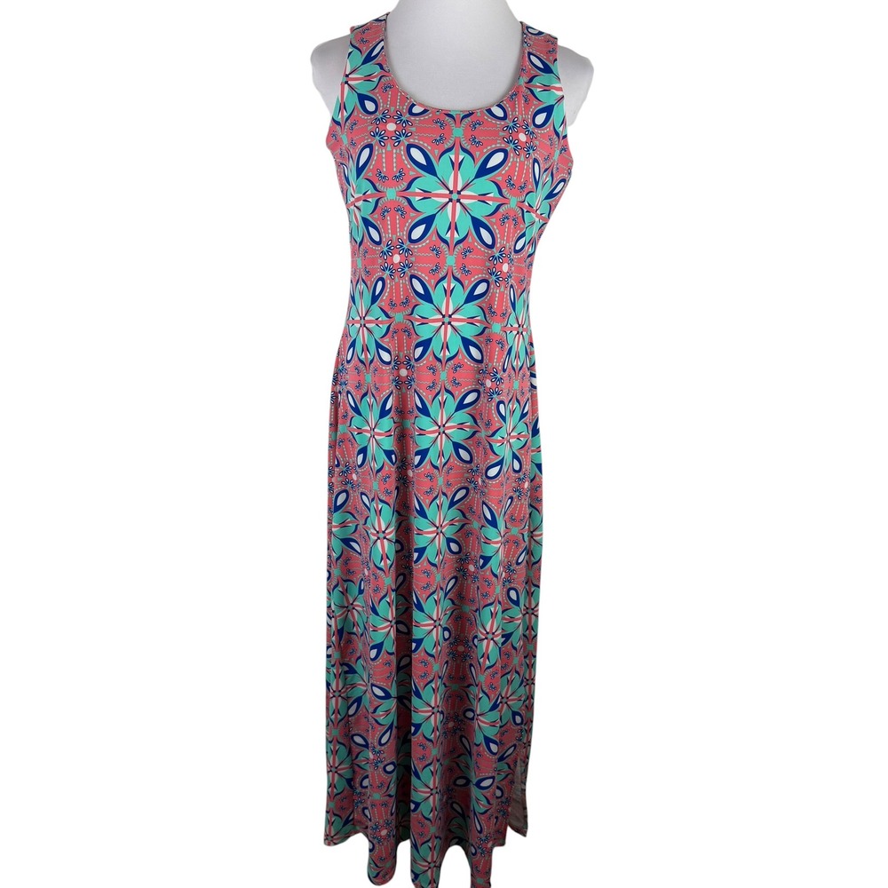 All For Color Women's Large Geometric Floral Maxi Dress Coral Turquoise Navy